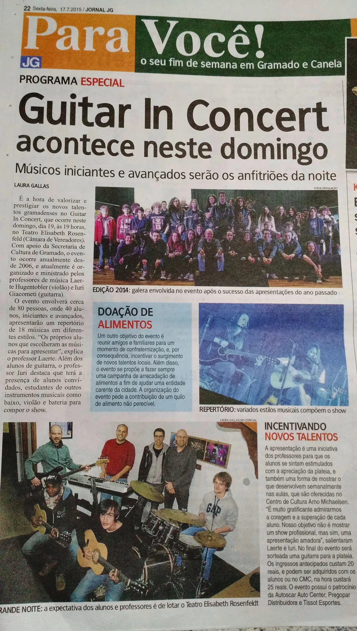 Matéria do Jornal JG de 17 de julho de 2015: Guitar In Concert acontece neste domingo, com fotografias dos participantes e das aulas.