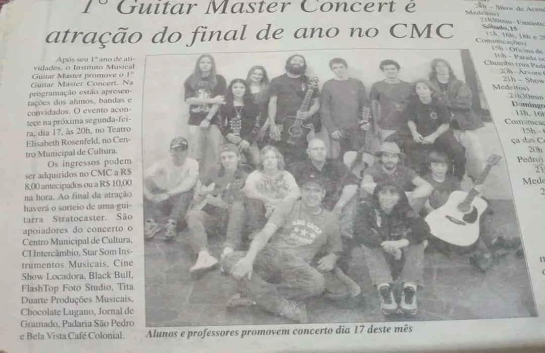 Recorte de jornal: 1º Guitar Master Concert é atração do final de ano no CMC, com alunos e professores.